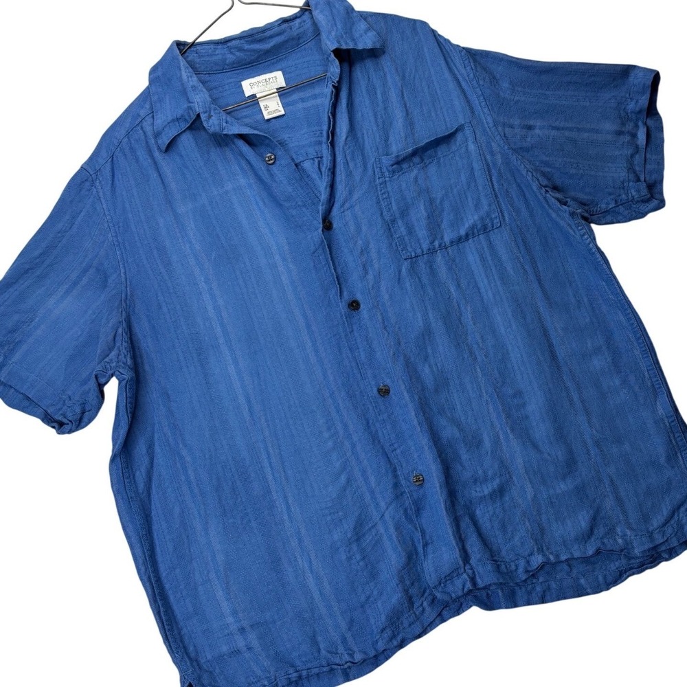Concepts by Claiborne Shirt Mens Large Blue Linen Rayon ShortSleeve Textured Top